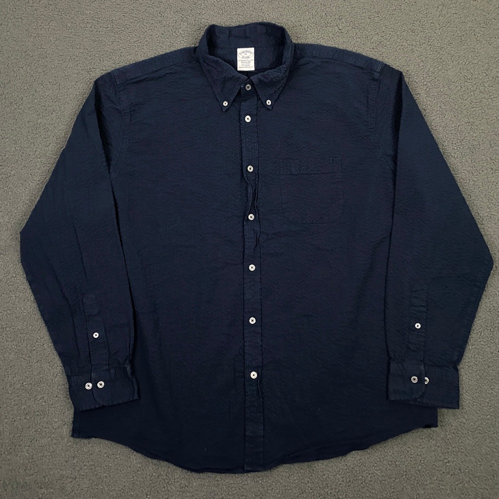 Brooks Brothers Button Down Shirt Mens XL Navy Seersucker Regular Fit - Picture 2 of 8